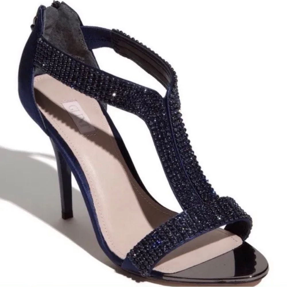 Glint Women’s Dark Blue Crystal Heels Back Zip Open Toe Formal Heels Shoes Sz 11